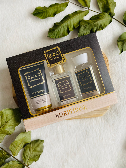 Coffret parfumé Khamrah avec eau de parfum de 100 ml, lotion parfumée de 88 ml et gel douche de 88 ml – Creation by Lyna