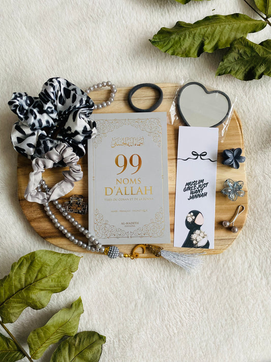 Lot Najma gris et noir avec livre Les 99 noms d’Allah, marque-page Muslim Girls Just Want Jannah, tasbih et accessoires pour cheveux