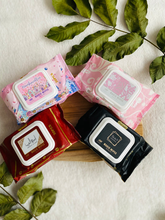 Lingettes parfumées Dubai en quatre senteurs : Khamrah, Ameerat Al Arab, Marshmallow et Lara – Creation by Lyna